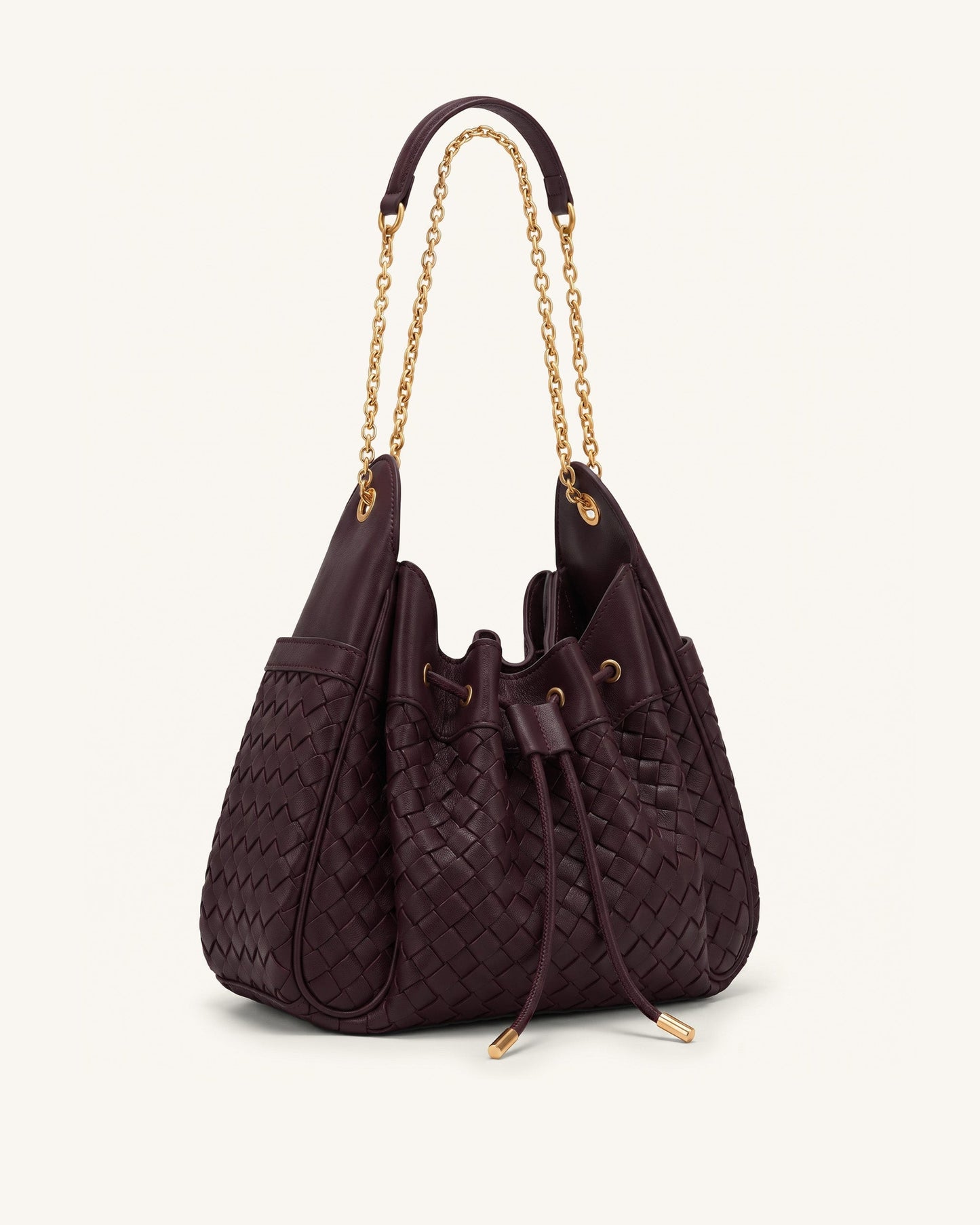 Rowan Weaving Ruched Drawstring Chain Bucket Bag - Dark Cherry