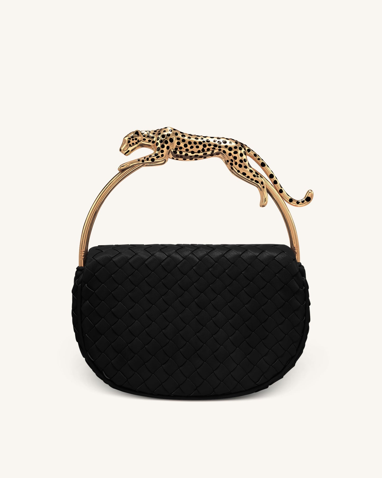 Ione Leopard Shaped Hardware Handle Woven Top Handle Bag - Black