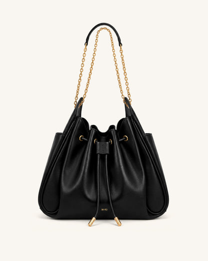 Rowan Ruched Drawstring Chain Bucket Bag - Black