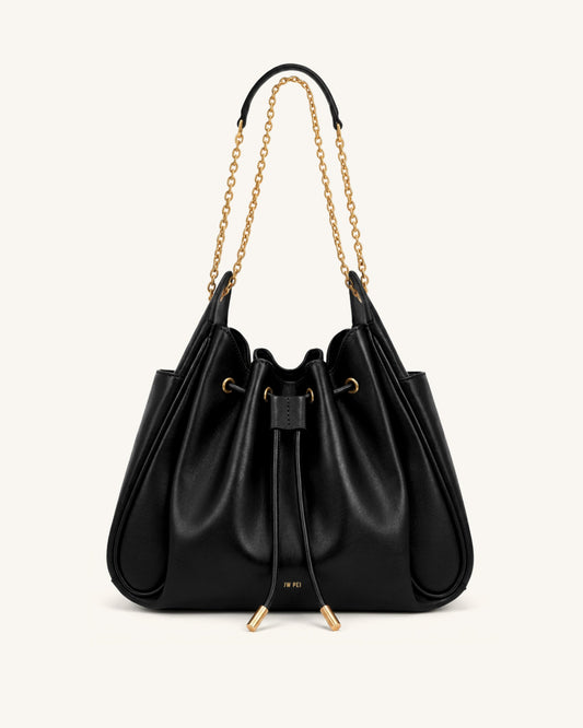 Rowan Ruched Drawstring Chain Bucket Bag - Black