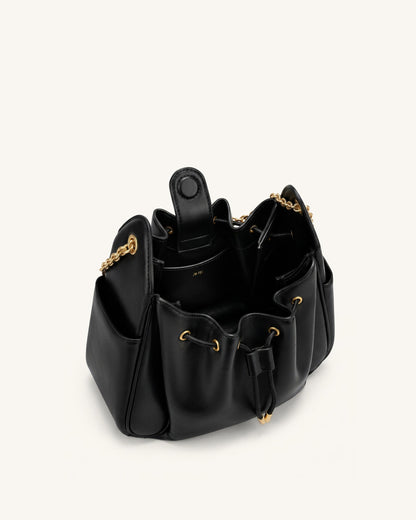 Rowan Ruched Drawstring Chain Bucket Bag - Black
