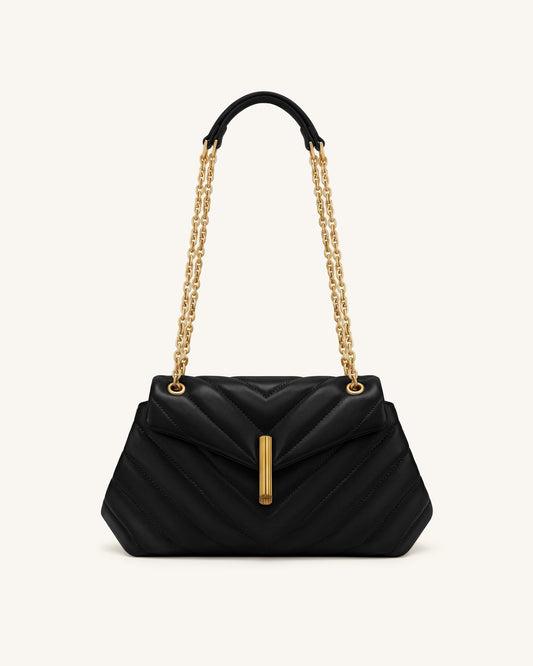 Valerie Quilted Chain Flap Shoulder Bag - Black