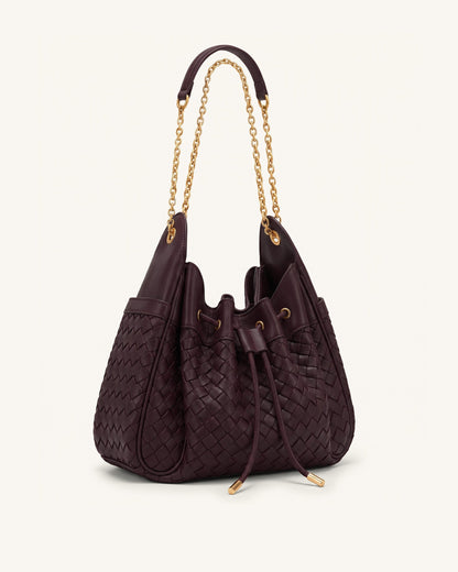 Rowan Weaving Ruched Drawstring Chain Bucket Bag - Dark Cherry