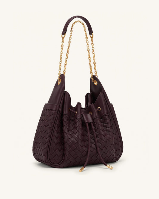 Rowan Weaving Ruched Drawstring Chain Bucket Bag - Dark Cherry