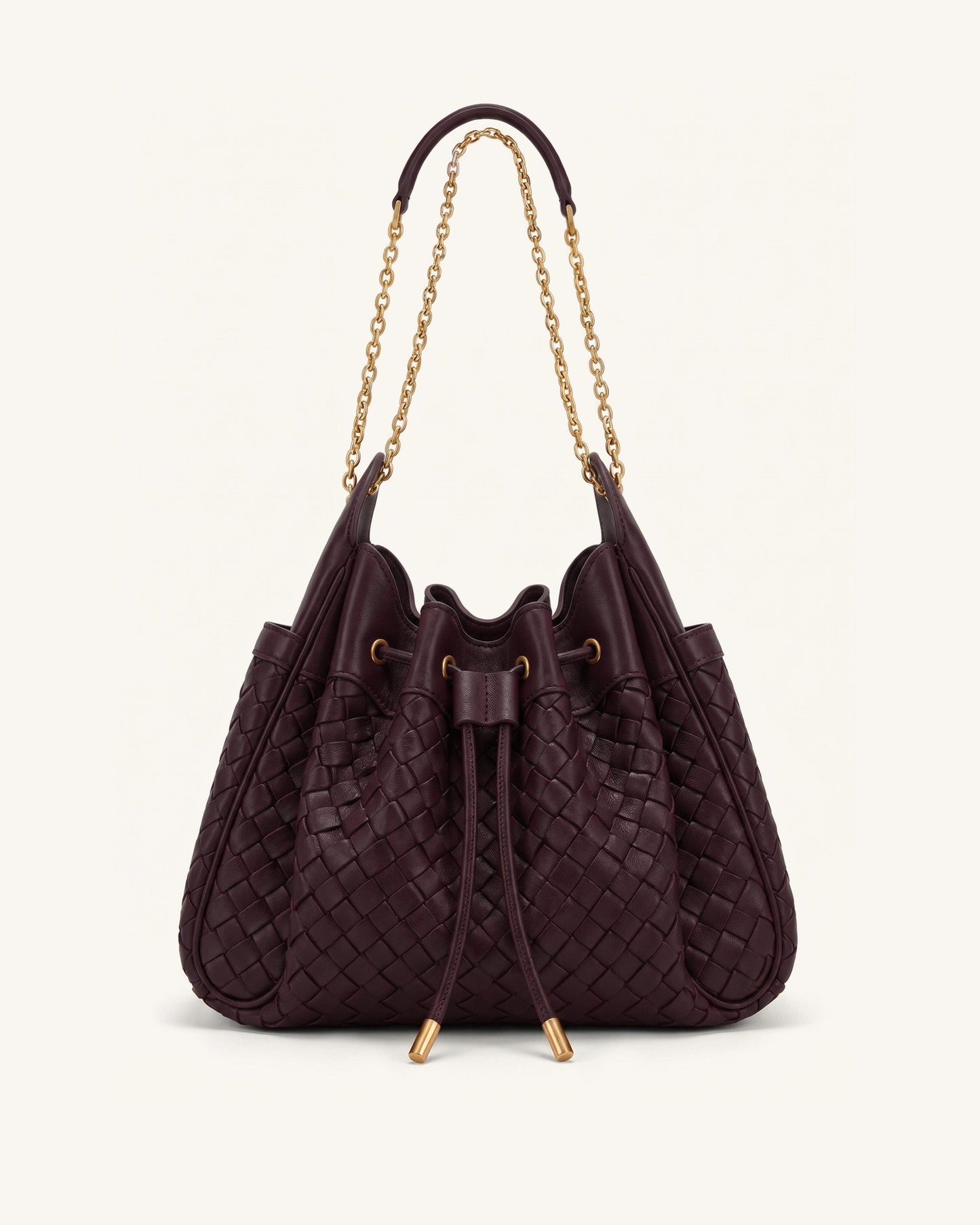 Rowan Weaving Ruched Drawstring Chain Bucket Bag - Dark Cherry