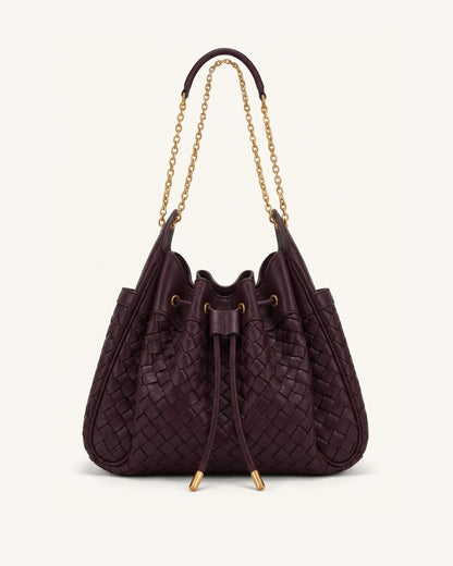 Rowan Weaving Ruched Drawstring Chain Bucket Bag - Dark Cherry