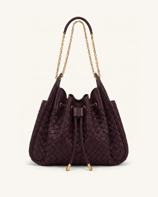 Rowan Weaving Ruched Drawstring Chain Bucket Bag - Dark Cherry