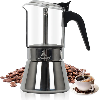 LAOION Stovetop Espresso Maker - Crystal Glass-top & Stainless Steel Moka Pot