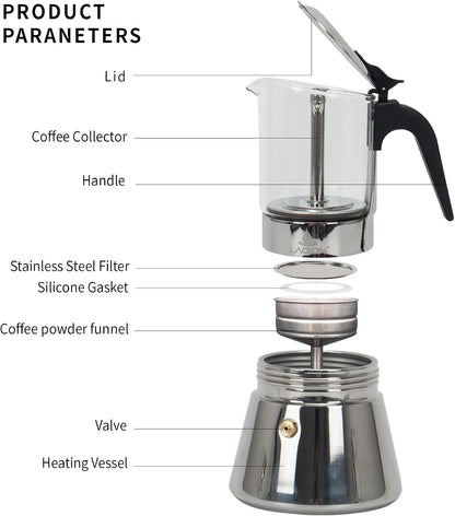 LAOION Stovetop Espresso Maker - Crystal Glass-top & Stainless Steel Moka Pot