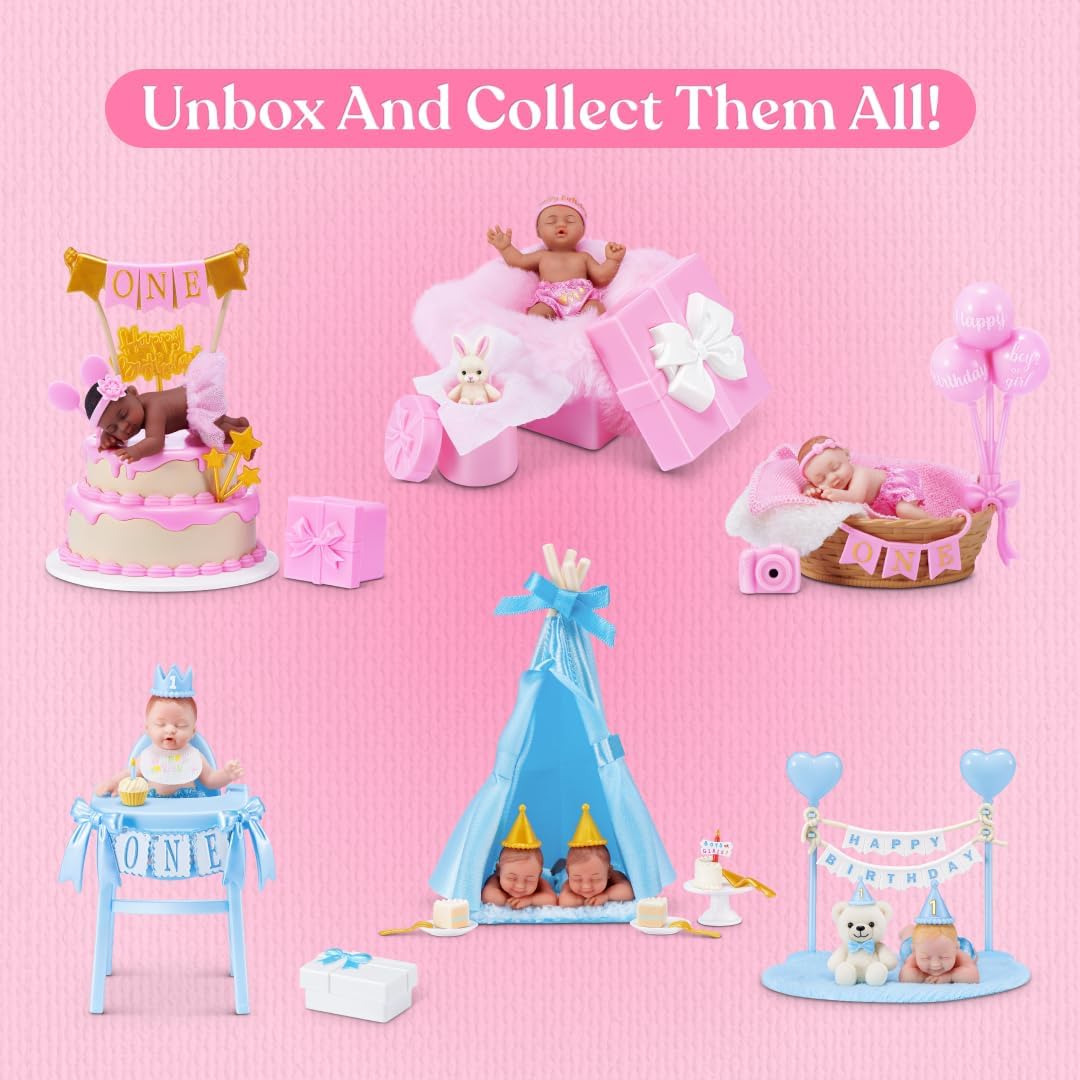My Mini Birthday Series 1 By ZURU | 6 mini baby dolls to collect; birthday outfits & accessories; cake, balloons & party props; nurturing play; kids gift