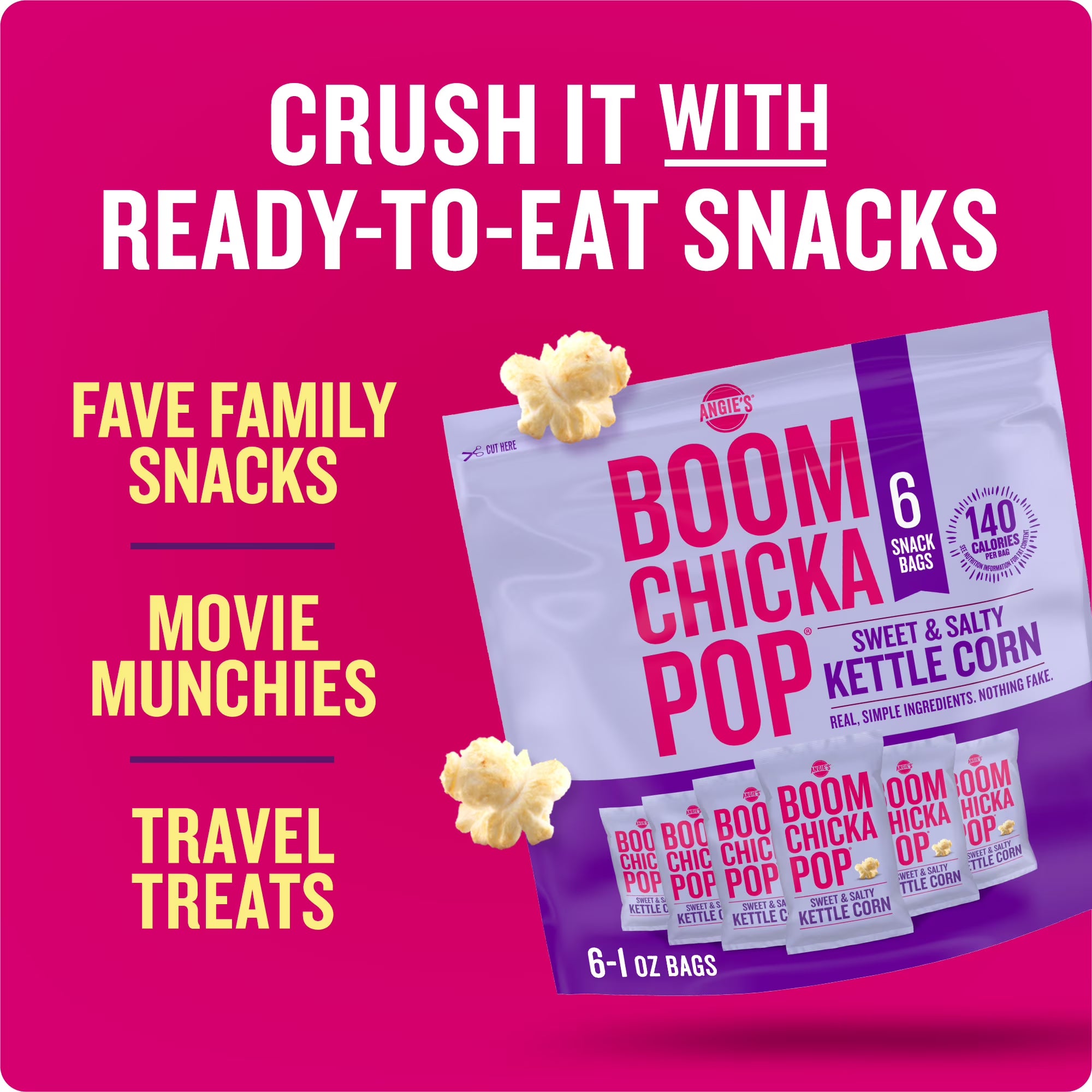 Pipoca viral Angie's BOOMCHICKAPOP doce-salgada (kit com 6 pacotes pequenos)
