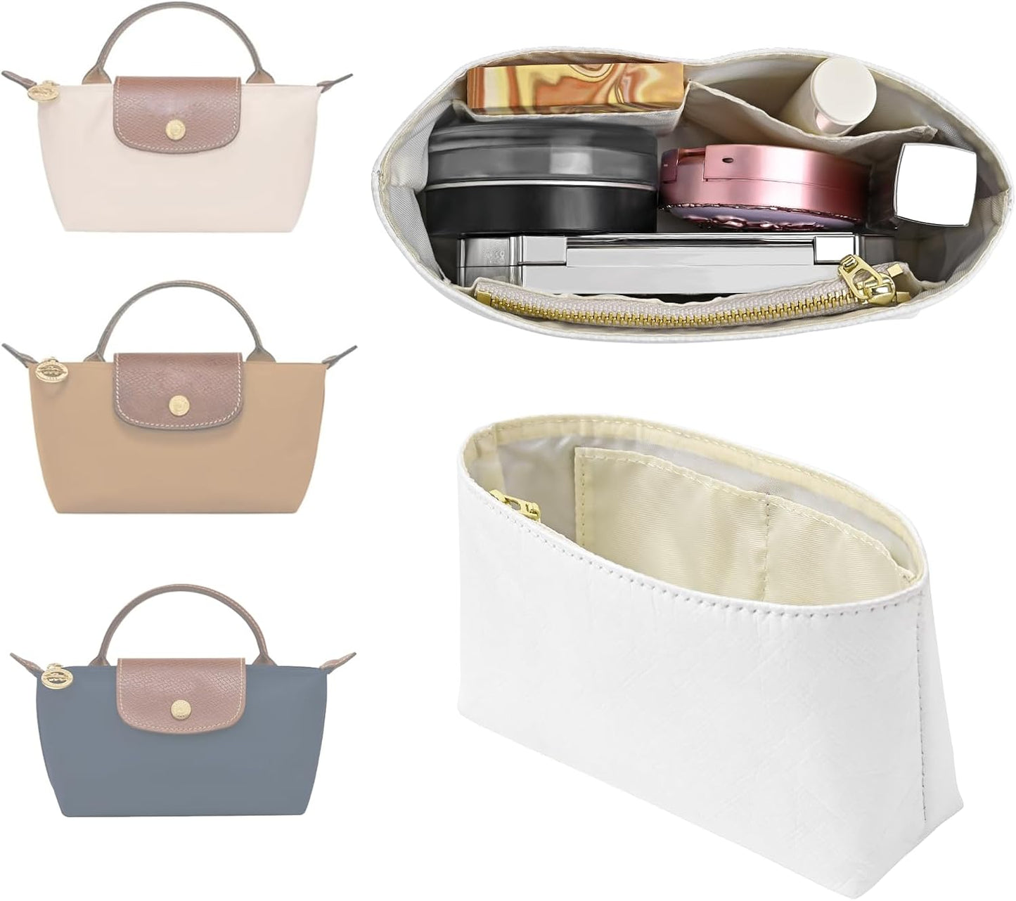 LOUKAYCCI 2 Kit Mini Bag Leather Shoulder Strap and Felt Purse Organizer Insert for Longchamp mini XS Bag Punch-Free Adjustable Buckle Design（Beige &amp; Strap）