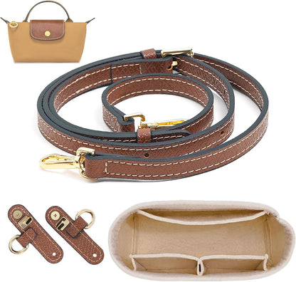 LOUKAYCCI 2 Kit Mini Bag Leather Shoulder Strap and Felt Purse Organizer Insert for Longchamp mini XS Bag Punch-Free Adjustable Buckle Design（Beige &amp; Strap）