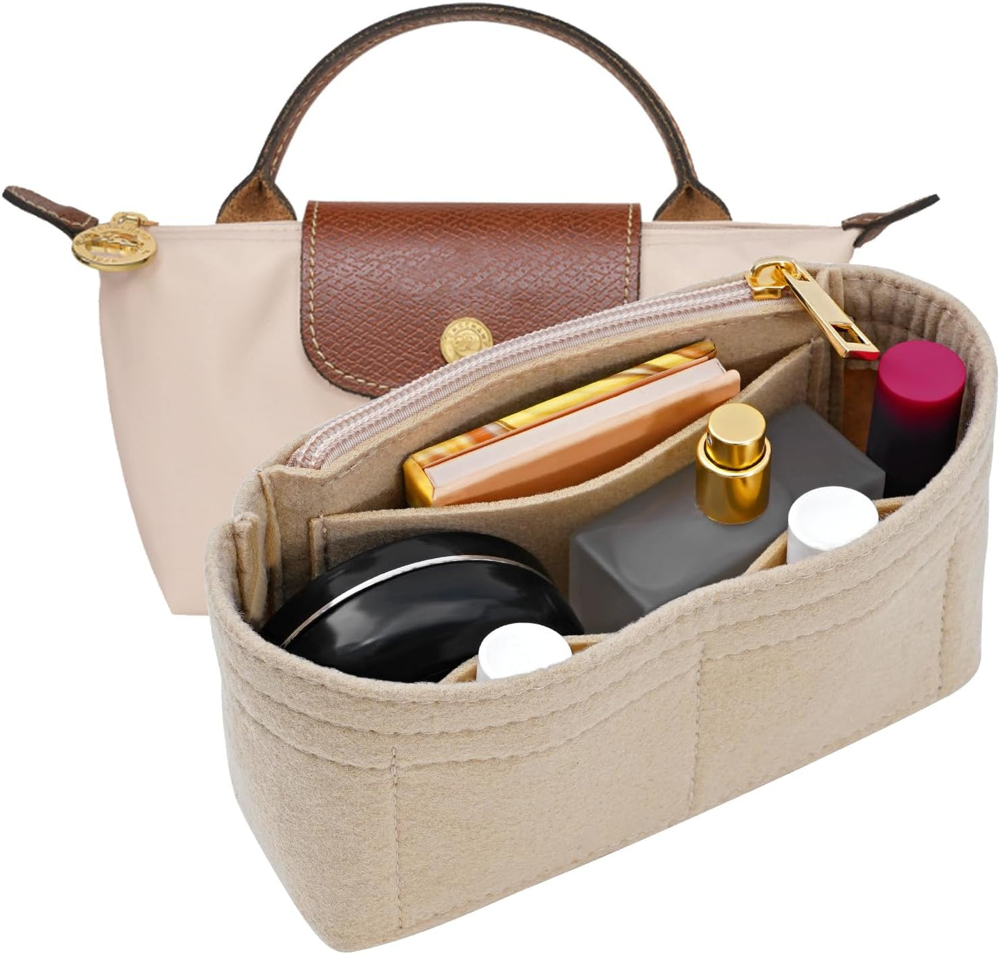 LOUKAYCCI 2 Kit Mini Bag Leather Shoulder Strap and Felt Purse Organizer Insert for Longchamp mini XS Bag Punch-Free Adjustable Buckle Design（Beige &amp; Strap）