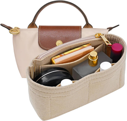 LOUKAYCCI 2 Kit Mini Bag Leather Shoulder Strap and Felt Purse Organizer Insert for Longchamp mini XS Bag Punch-Free Adjustable Buckle Design（Beige &amp; Strap）