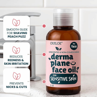 Dermaplane Kit for Sensitive Skin - Non Comedogenic Face Shaving Oil, Razor | Safe for Acne Prone Skin, Fragrance Free, Natural, Non Greasy for Pre &amp; Post Women Dermaplaning 2oz by Ouiloe