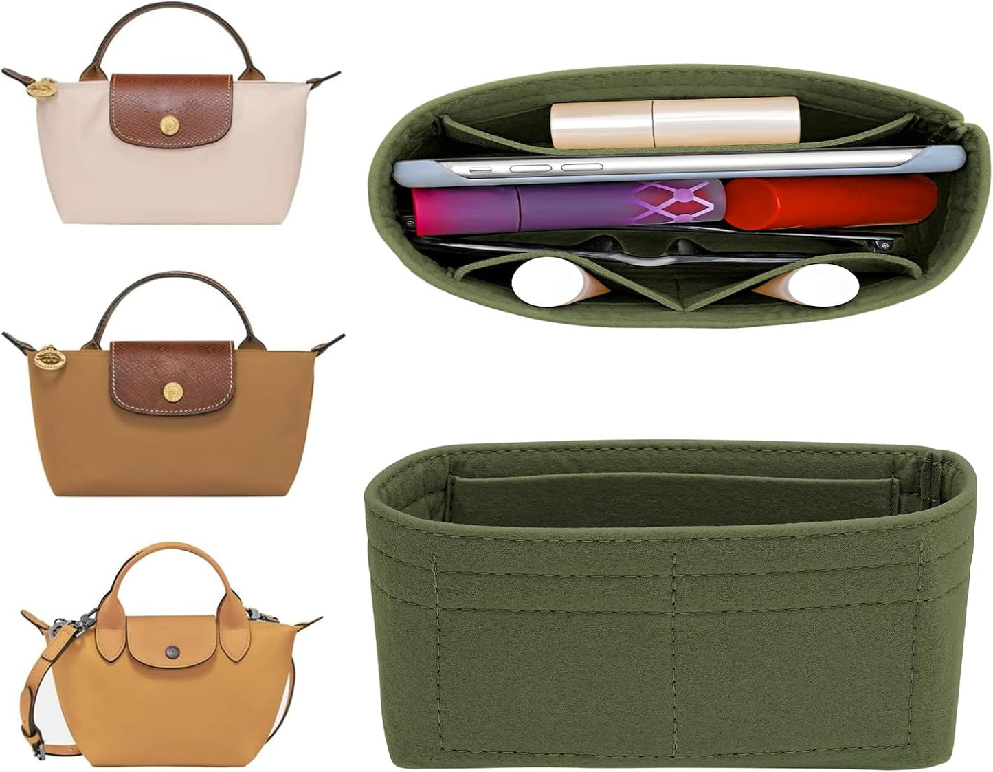 LOUKAYCCI 2 Kit Mini Bag Leather Shoulder Strap and Felt Purse Organizer Insert for Longchamp mini XS Bag Punch-Free Adjustable Buckle Design（Beige &amp; Strap）