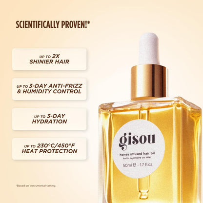 Gisou Honey Infused Hair Oil (1.7 Fl Oz) | Intense hydration, long-lasting frizz control, up to 450°F heat protection, glossy shine, suitable for all hair types