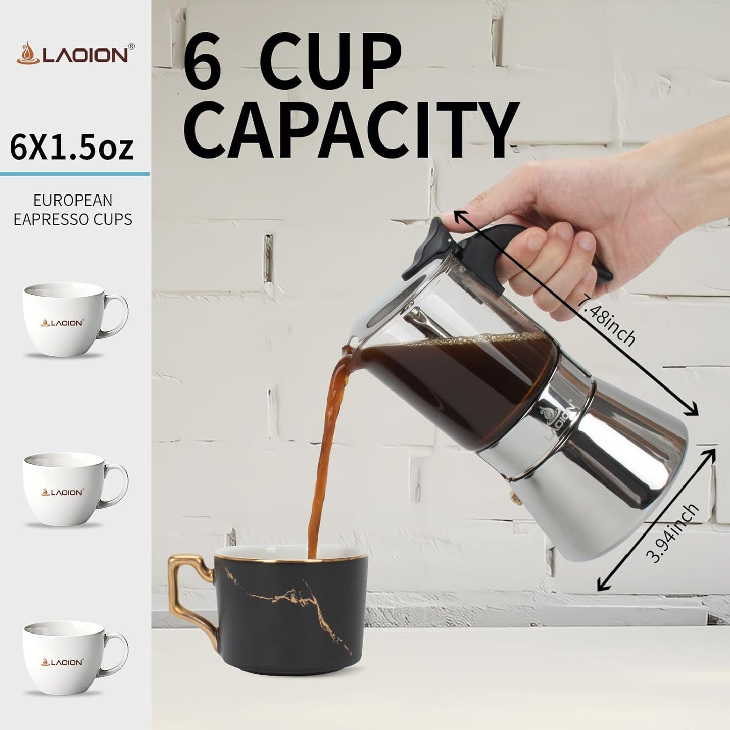 LAOION Stovetop Espresso Maker - Crystal Glass-top & Stainless Steel Moka Pot