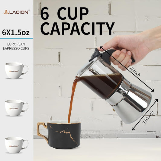 LAOION Stovetop Espresso Maker - Crystal Glass-top & Stainless Steel Moka Pot