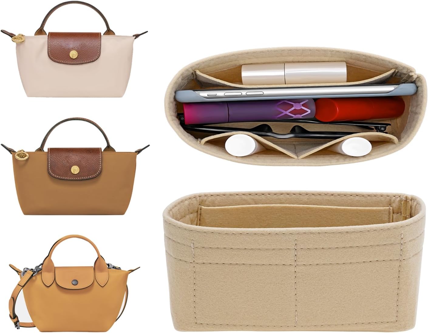 LOUKAYCCI 2 Kit Mini Bag Leather Shoulder Strap and Felt Purse Organizer Insert for Longchamp mini XS Bag Punch-Free Adjustable Buckle Design（Beige &amp; Strap）