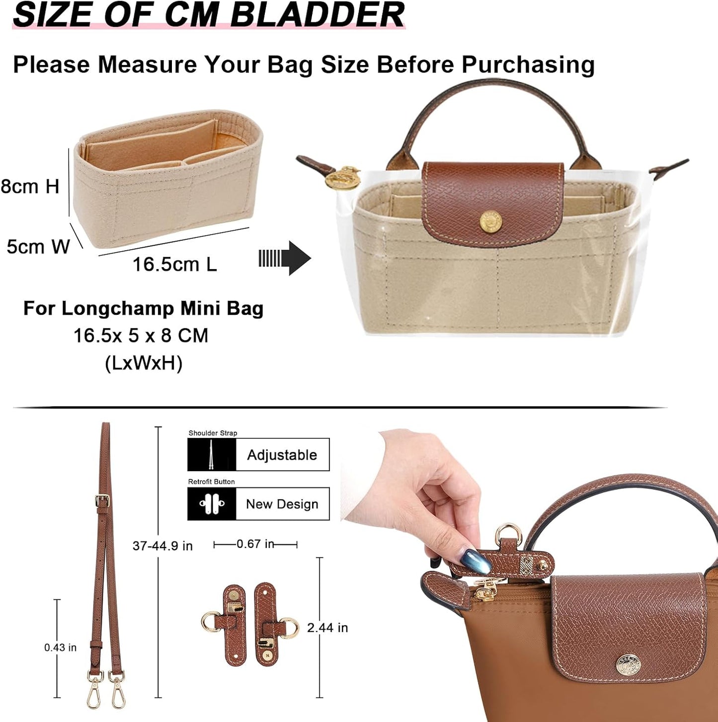 LOUKAYCCI 2 Kit Mini Bag Leather Shoulder Strap and Felt Purse Organizer Insert for Longchamp mini XS Bag Punch-Free Adjustable Buckle Design（Beige &amp; Strap）