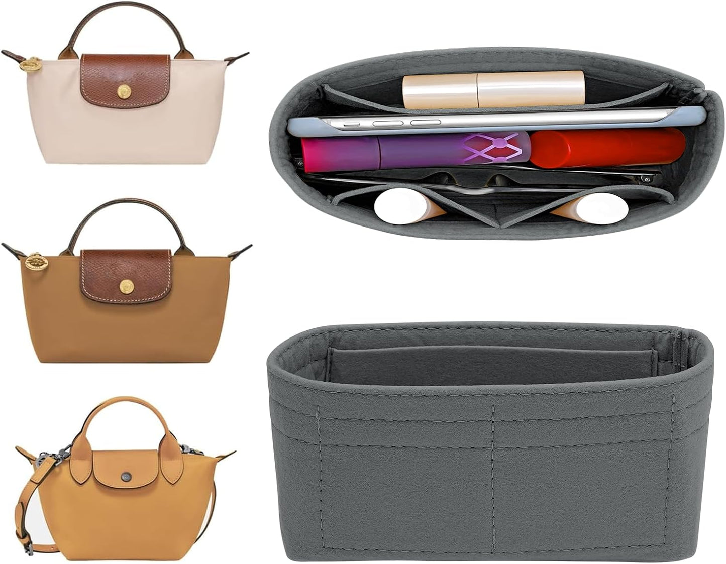 LOUKAYCCI 2 Kit Mini Bag Leather Shoulder Strap and Felt Purse Organizer Insert for Longchamp mini XS Bag Punch-Free Adjustable Buckle Design（Beige &amp; Strap）