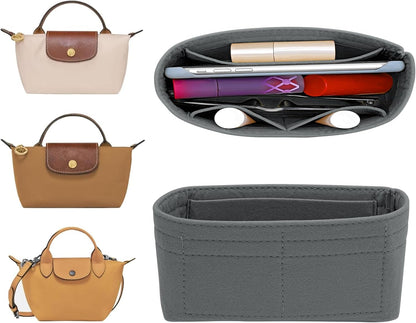 LOUKAYCCI 2 Kit Mini Bag Leather Shoulder Strap and Felt Purse Organizer Insert for Longchamp mini XS Bag Punch-Free Adjustable Buckle Design（Beige &amp; Strap）