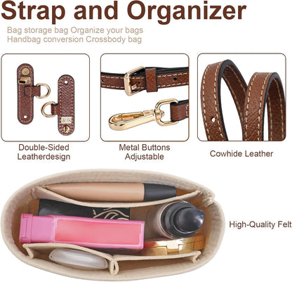 LOUKAYCCI 2 Kit Mini Bag Leather Shoulder Strap and Felt Purse Organizer Insert for Longchamp mini XS Bag Punch-Free Adjustable Buckle Design（Beige &amp; Strap）