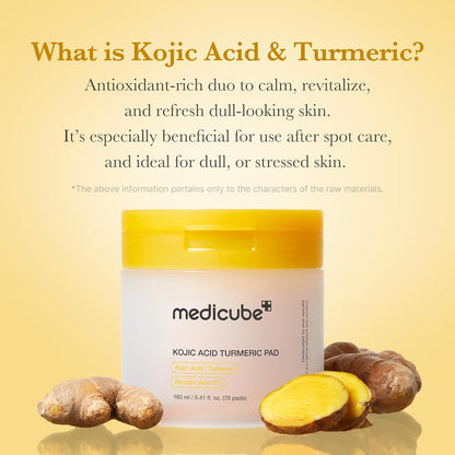 medicube Toner Pads Kojic Acid Turmeric Clarifying Toner Pad for Troubled Skin &amp; Use After Spot Care, Soothing with Kojic Acid, Turmeric, Niacinamide, Glycolic Acid, Korean Skin Care, 70 Pads (1 Pack)