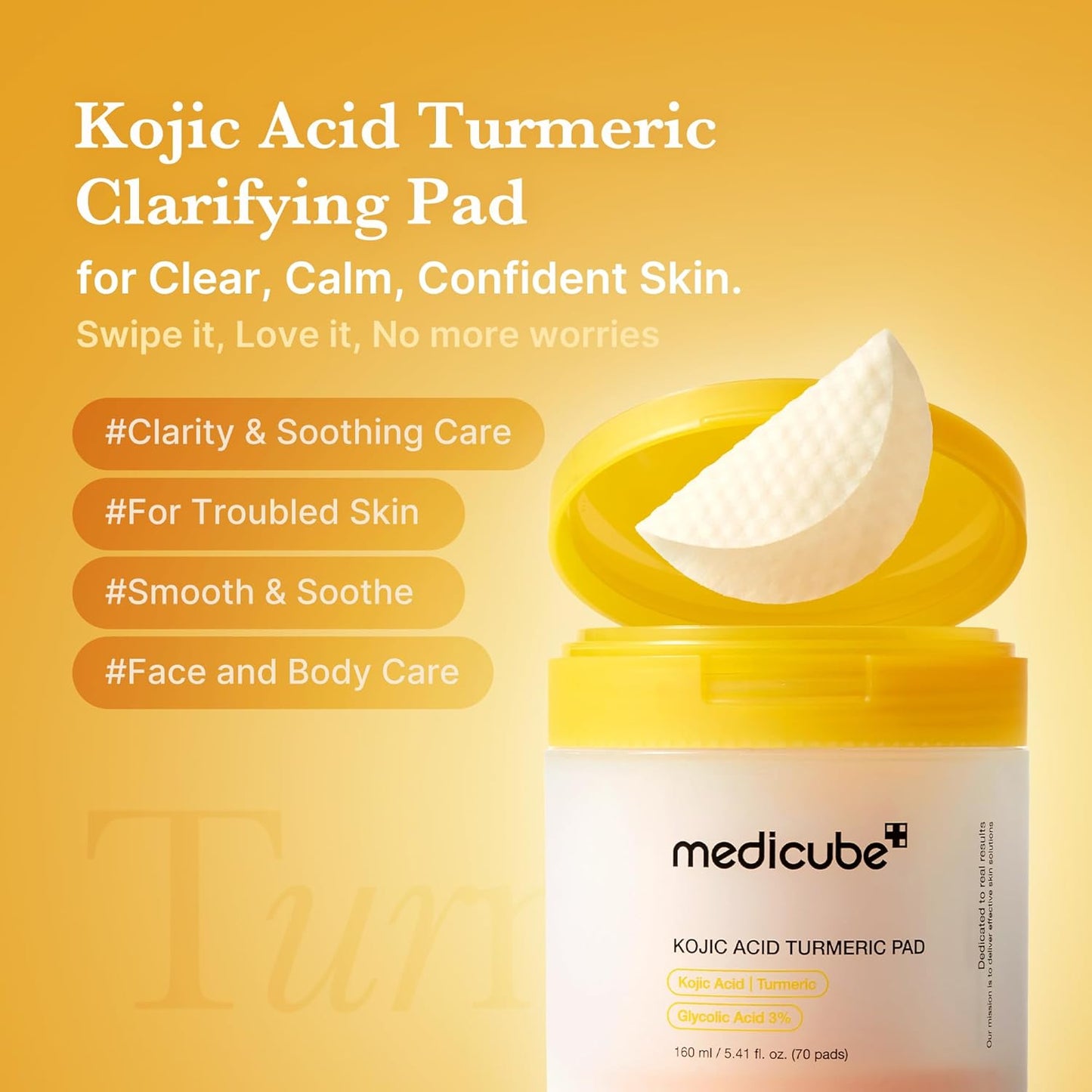 medicube Toner Pads Kojic Acid Turmeric Clarifying Toner Pad for Troubled Skin &amp; Use After Spot Care, Soothing with Kojic Acid, Turmeric, Niacinamide, Glycolic Acid, Korean Skin Care, 70 Pads (1 Pack)