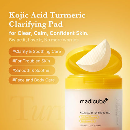 medicube Toner Pads Kojic Acid Turmeric Clarifying Toner Pad for Troubled Skin &amp; Use After Spot Care, Soothing with Kojic Acid, Turmeric, Niacinamide, Glycolic Acid, Korean Skin Care, 70 Pads (1 Pack)