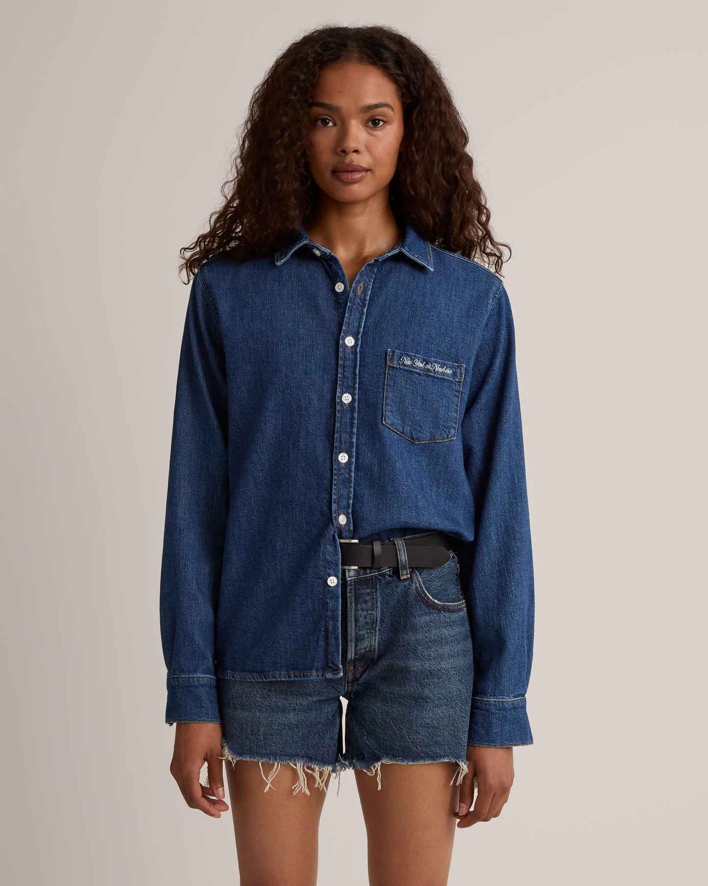 Cursive Denim Button Down Shirt