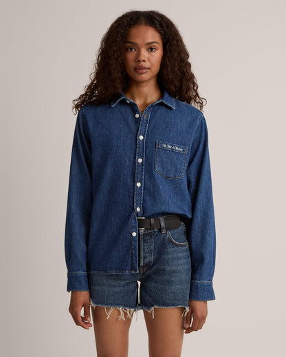 Cursive Denim Button Down Shirt