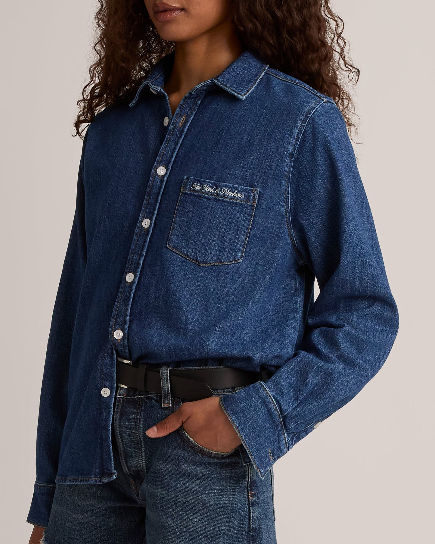 Cursive Denim Button Down Shirt